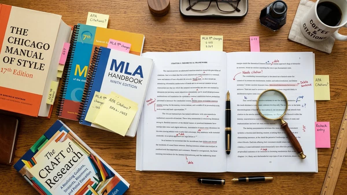 Side-by-side comparison of Chicago Manual of Style, MLA 9, and APA 7 citation formats with editorial notes on academic manuscripts