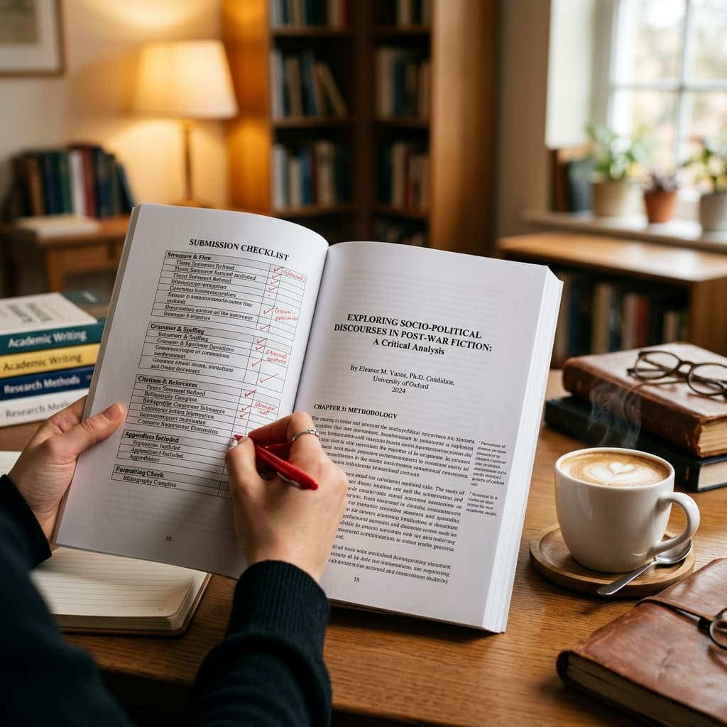 Academic dissertation document with a red pen checking off items on a structured checklist, conveying academic preparation