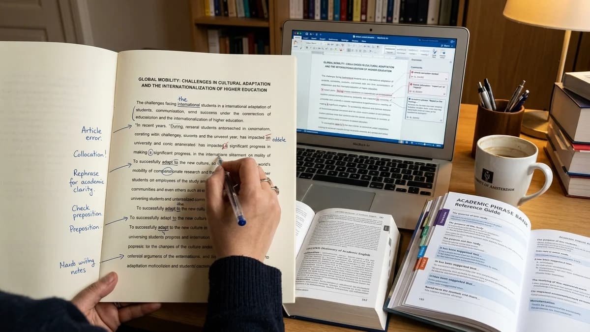 Academic manuscript with ESL editorial corrections highlighting academic phrase bank usage and natural English syntax