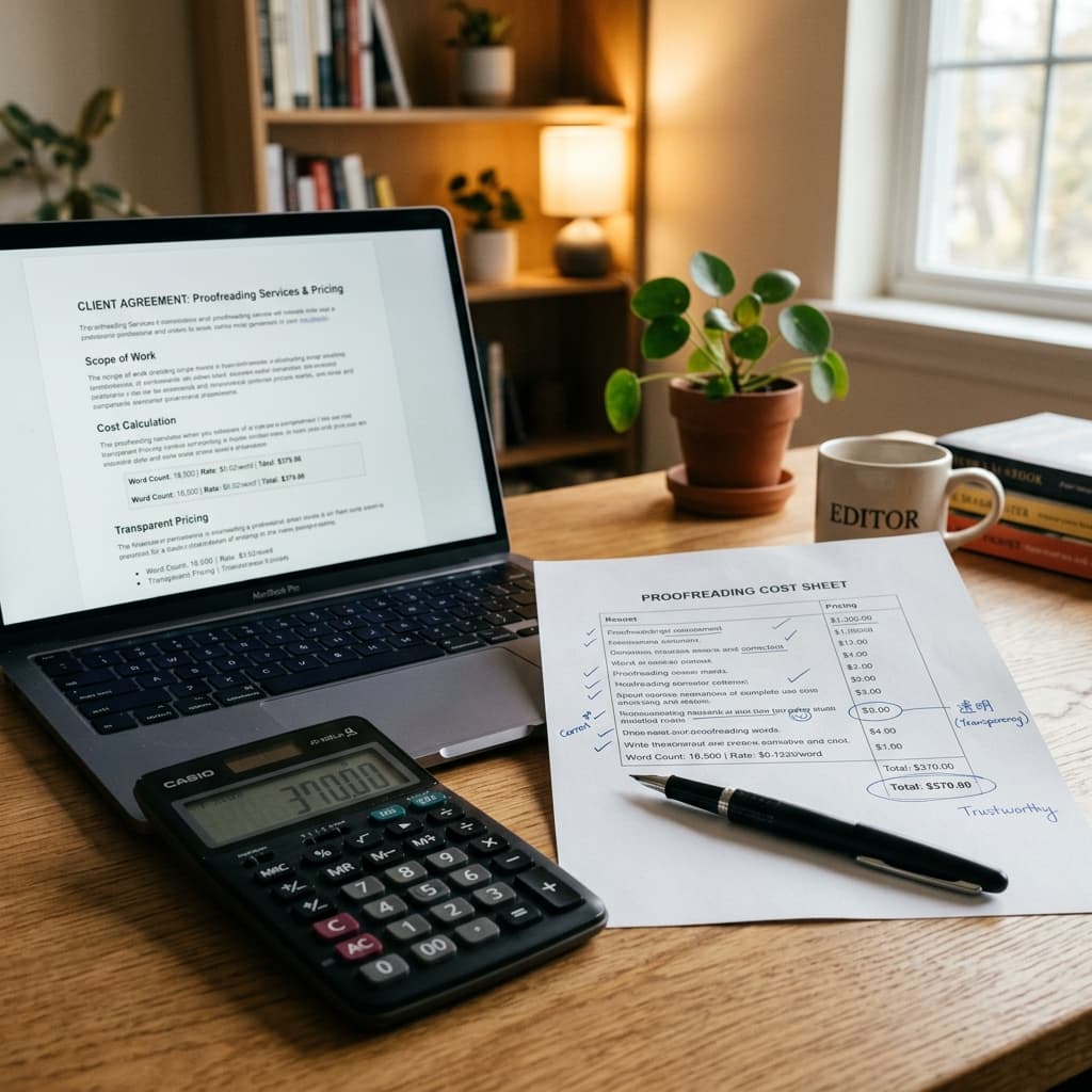 Modern workspace with a calculator and a printed document, symbolizing calculating proofreading costs and pricing