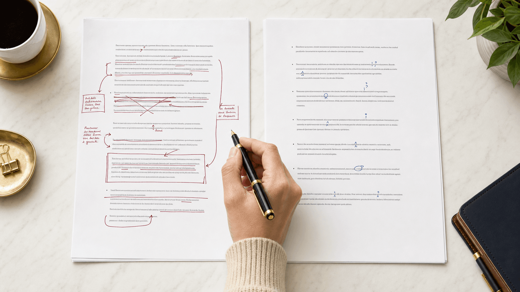 Side-by-side documents showing structural editing marks and final proofreading corrections