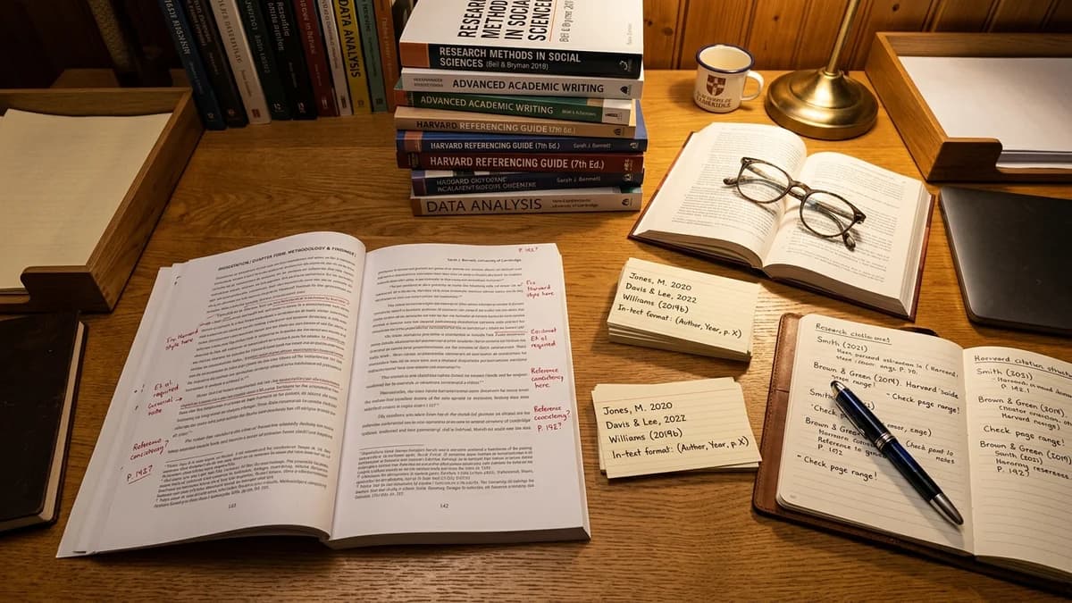 Academic desk with Harvard style referencing guide, annotated journal citations, and proofreading checklist