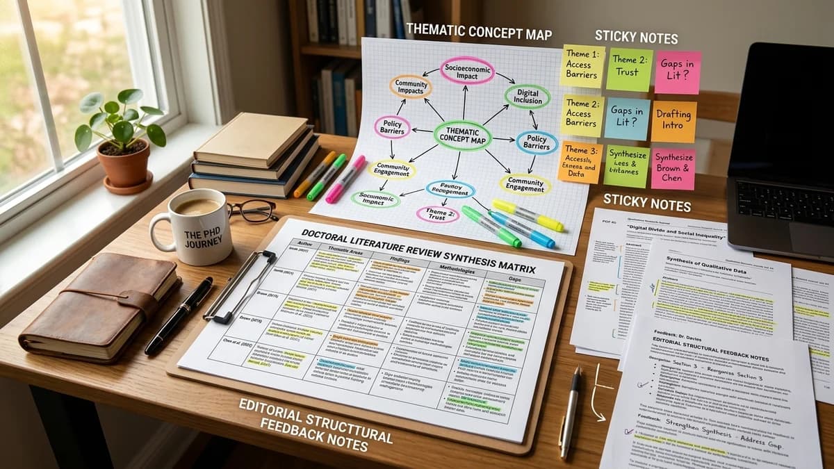 Academic literature review synthesis matrix with thematic outlines, sticky notes, and editorial feedback marks