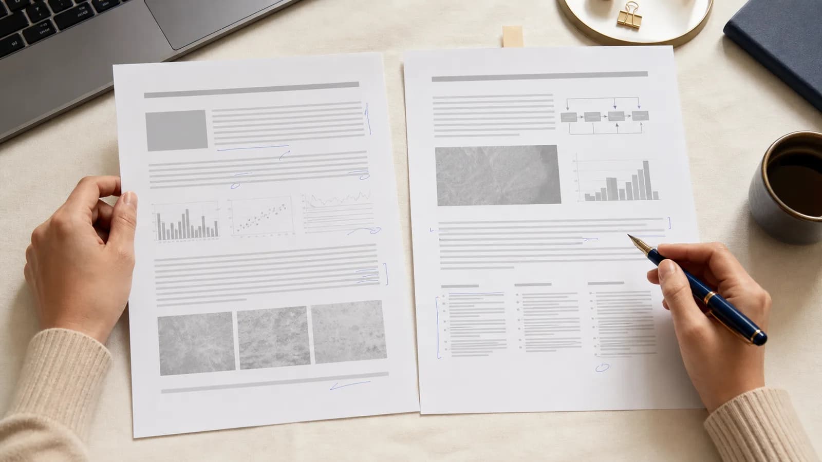 Editor comparing two research paper pages with charts and careful correction marks before journal submission