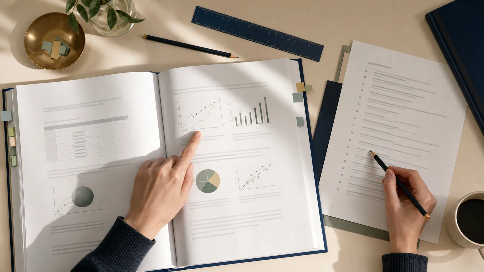Researcher checking charts in an open thesis against a reference list during final quality control